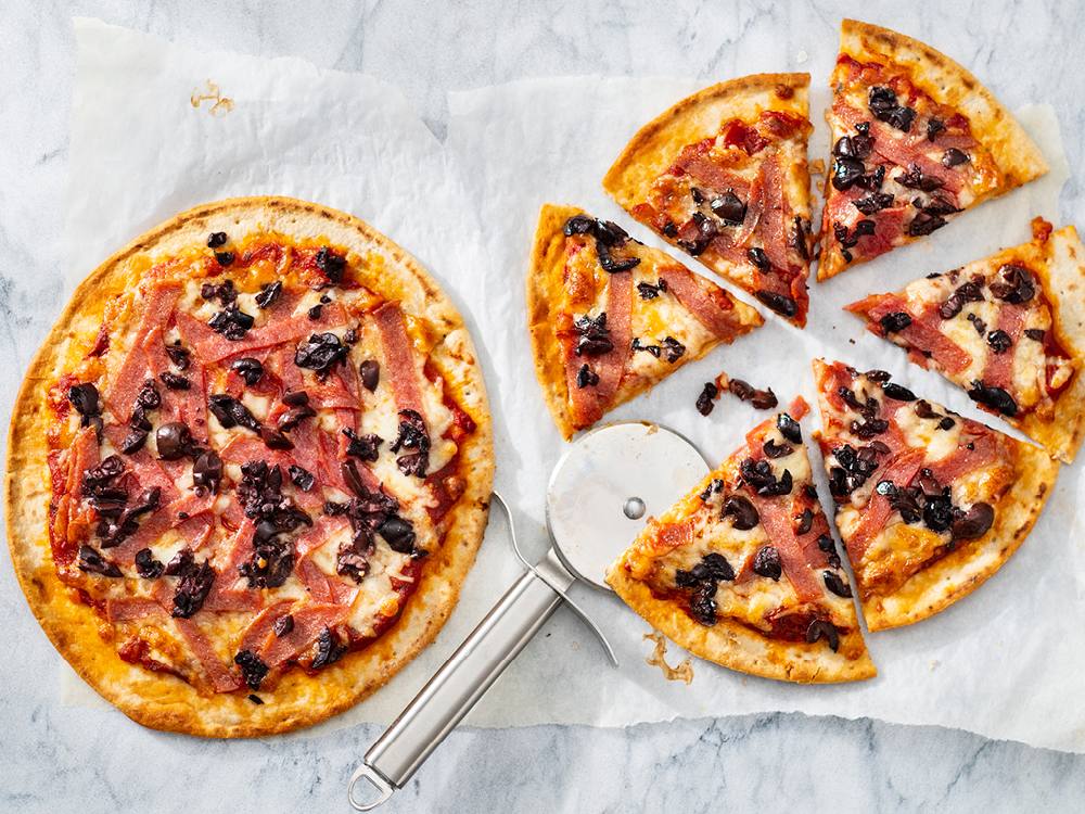 Cauliflower Pizzas with Salami and Olives | Savory