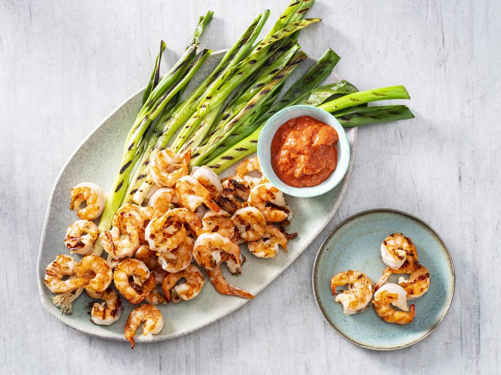 Grilled Shrimp and Green Onions with Red Pepper Sauce | Savory