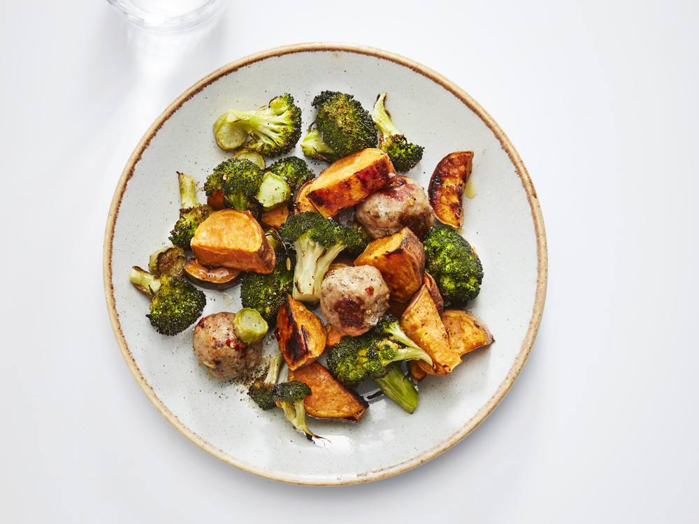 Roasted Chicken Meatballs with Sweet Potato and Broccoli | Savory