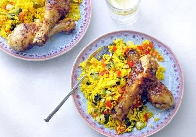 Grilled Chicken Drumsticks over Spanish Rice