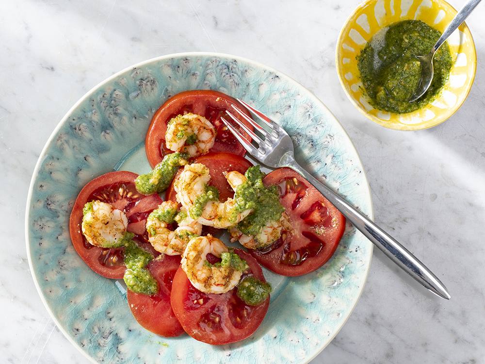 Grilled Shrimp with Tomatoes and Pesto | Savory