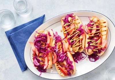 Grilled Bratwurst Sandwiches with Sautéed Apples and Cabbage