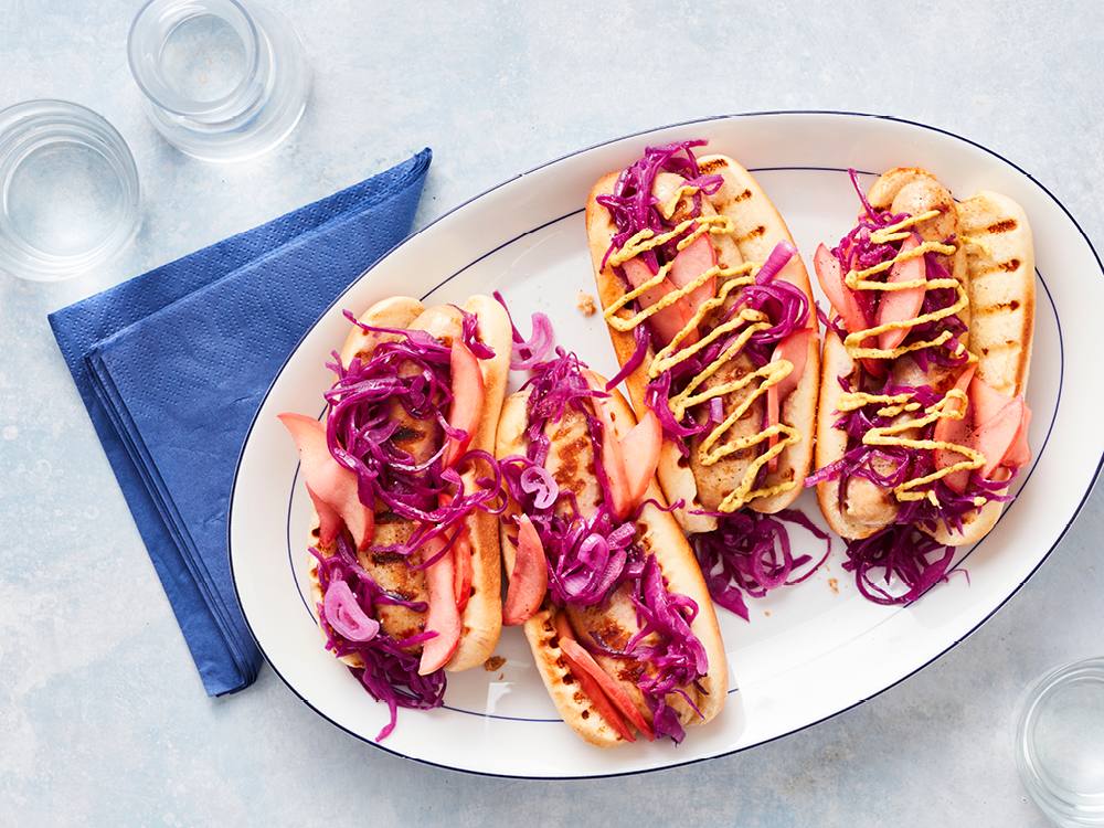 Grilled Bratwurst Sandwiches with Sautéed Apples and Cabbage | Savory