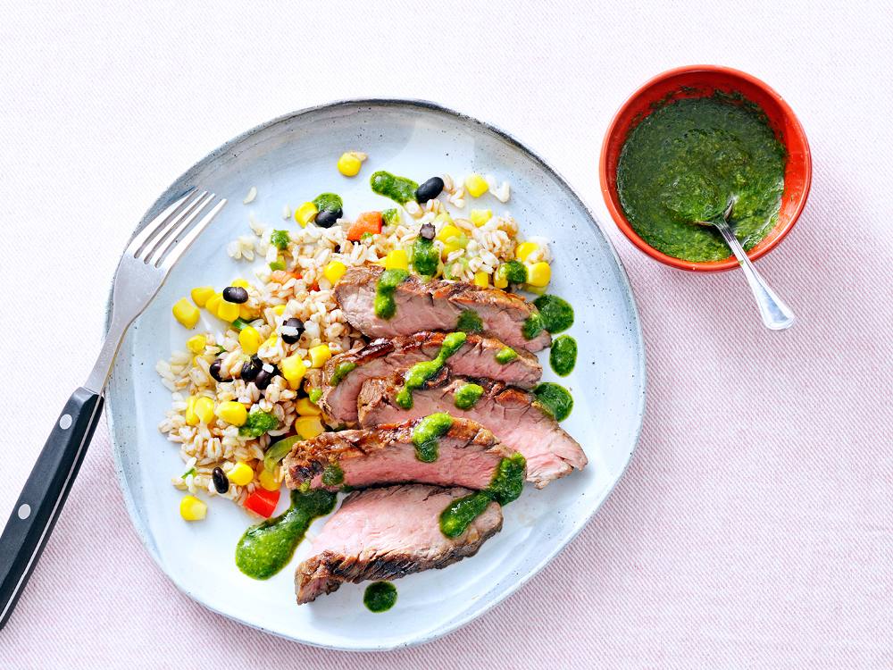 Grilled Steak and Farro with Herb Sauce | Savory