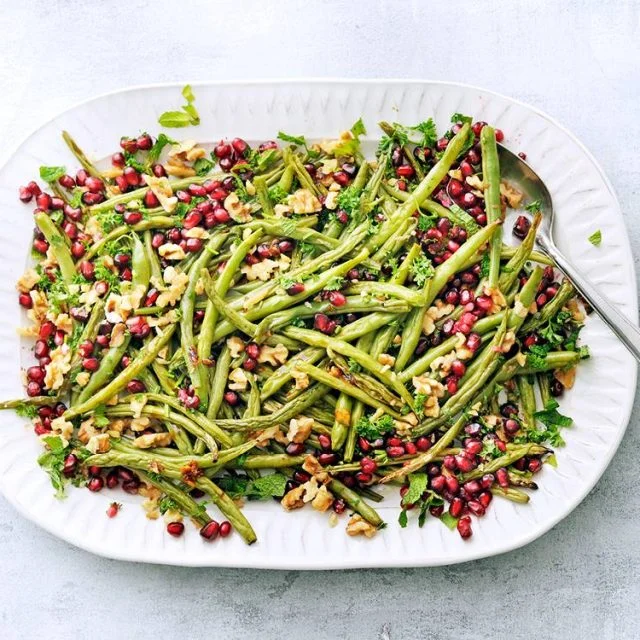 Roasted Green Beans with Walnuts and Pomegranate Seeds