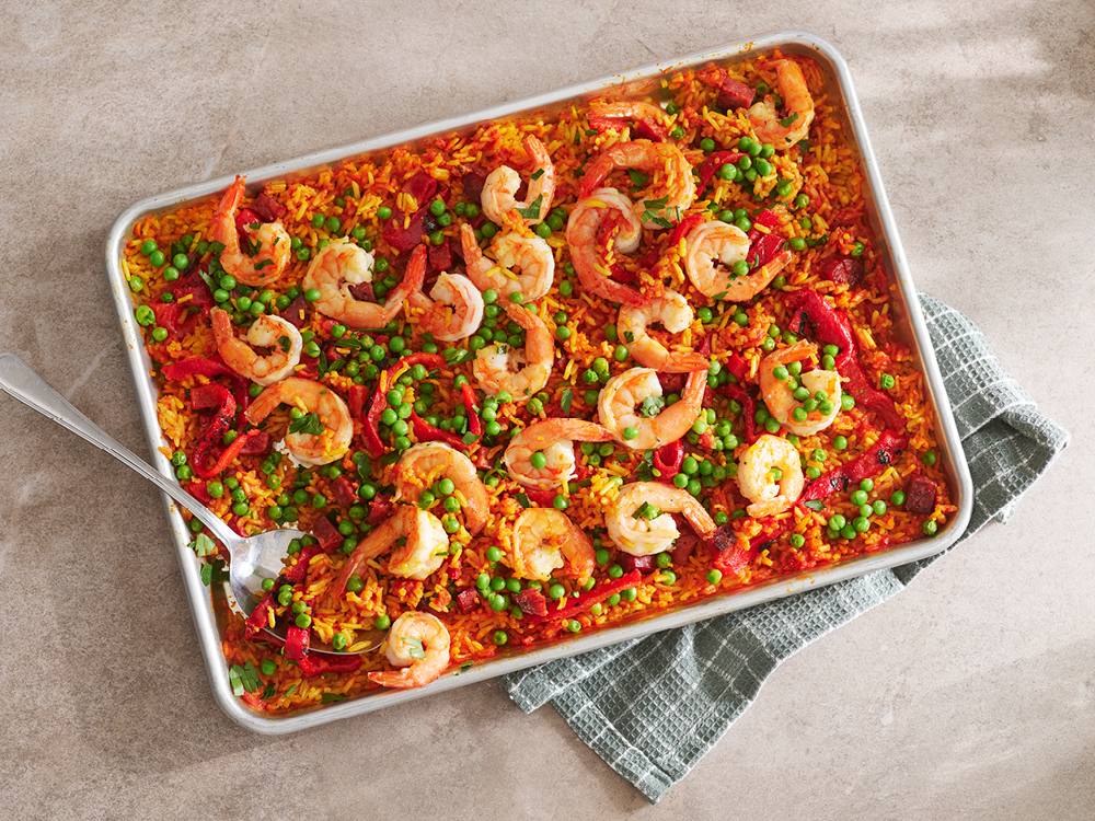 Sheet Pan Seafood and Chorizo Paella | Savory
