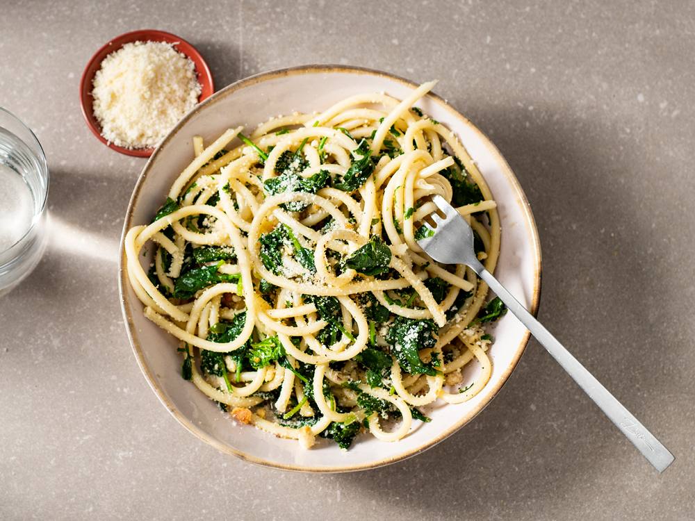 Bucatini with Greens and Garlicky Bread Crumbs | Savory
