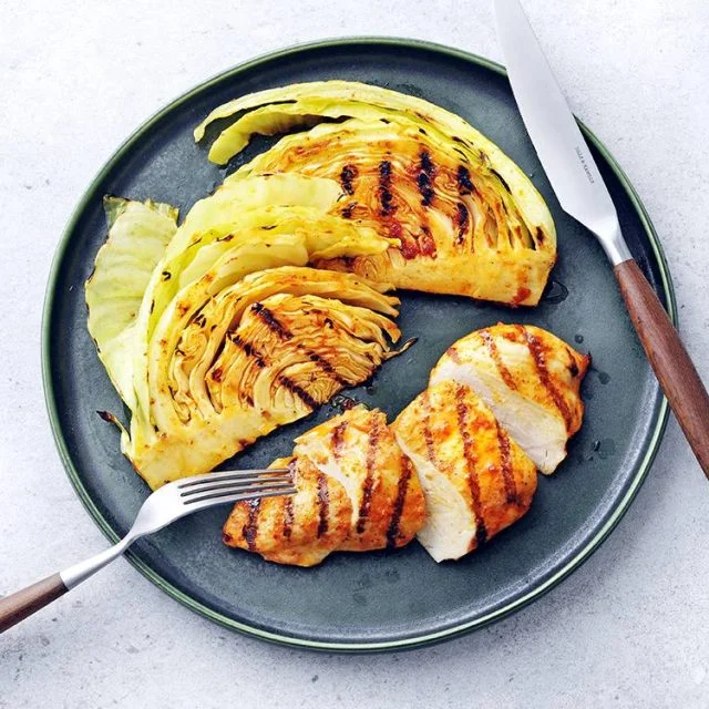 Grilled Red Curry Chicken with Grilled Cabbage Wedges