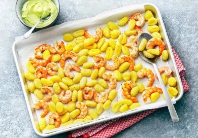 Sheet Pan Roasted Shrimp and Gnocchi with Avocado-Lime Sauce