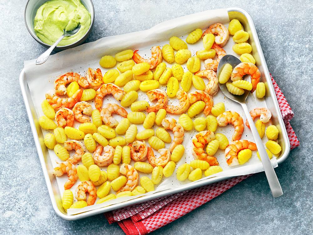 Sheet Pan Roasted Shrimp and Gnocchi with Avocado-Lime Sauce | Savory