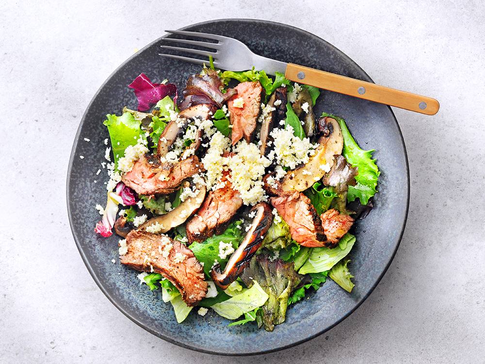 Mixed Green Salad with Grilled Steak, Grilled Mushrooms, and Pesto Dressing | Savory