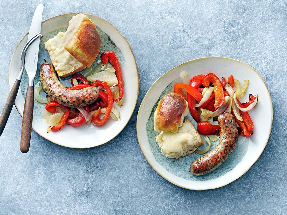 Sheet Pan Sausage with Peppers, Onions, and Cheese Bread | Savory