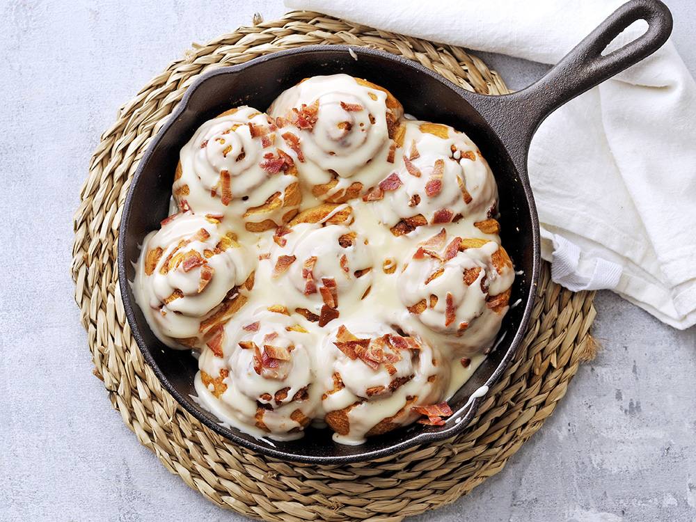 Cast-Iron Cinnamon Rolls with Maple-Bacon Glaze | Savory