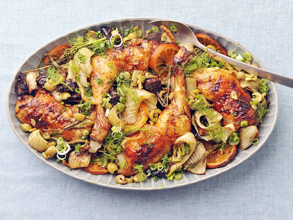 Sheet Pan Chicken Legs with Fennel, Dates, and Olives Savory