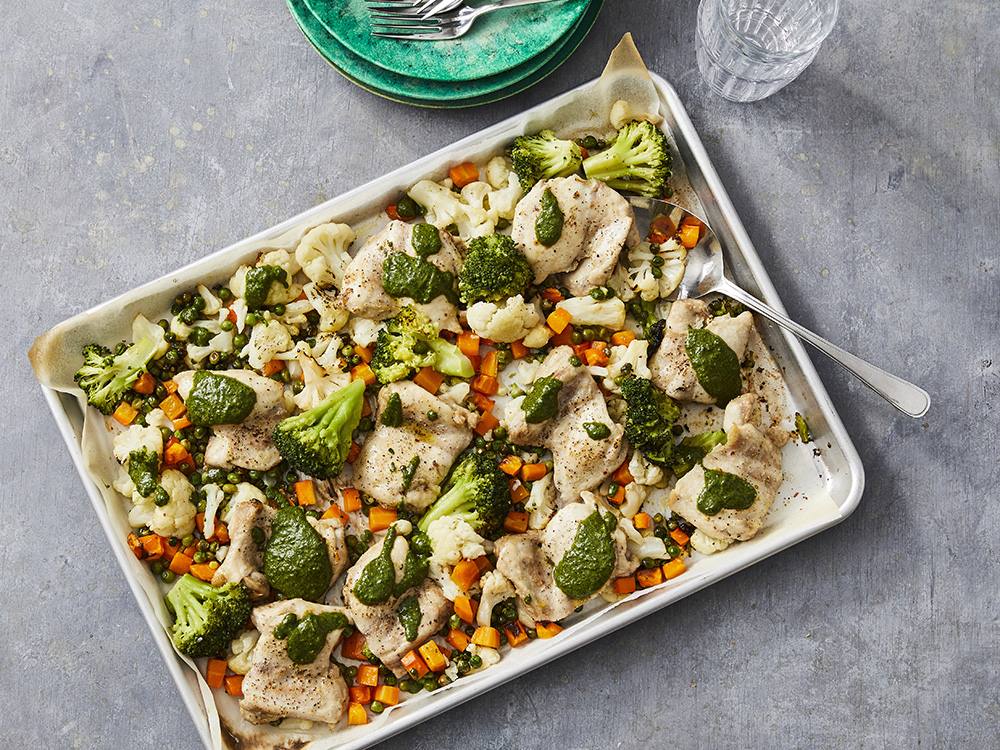 Sheet Pan Chicken with Veggies and Chimichurri Sauce | Savory