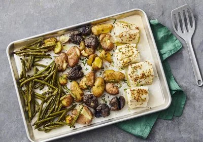 Sheet Pan Fish Fillets with Smashed Potatoes and Green Beans