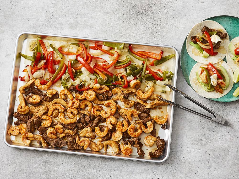 Sheet Pan Steak, Chicken, and Shrimp Fajitas Savory