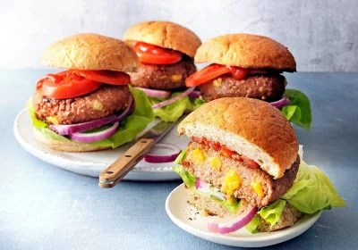 Plant-Based Burgers with Cheddar Cubes