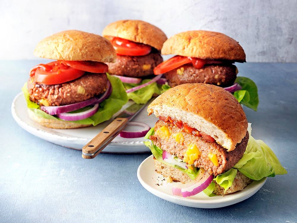 Plant-Based Burgers with Cheddar Cubes | Savory