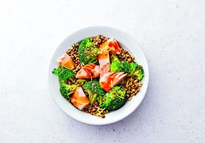 Grain Bowl with Flaked Salmon and Broccoli