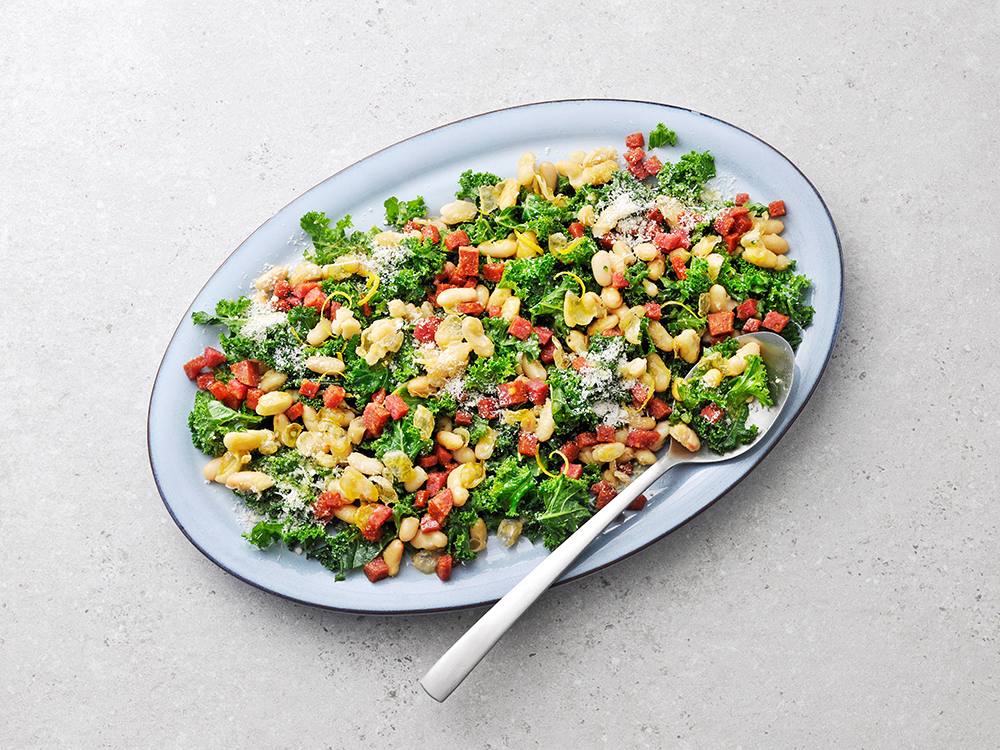 Massaged Kale Salad with Crispy Salami and Beans | Savory