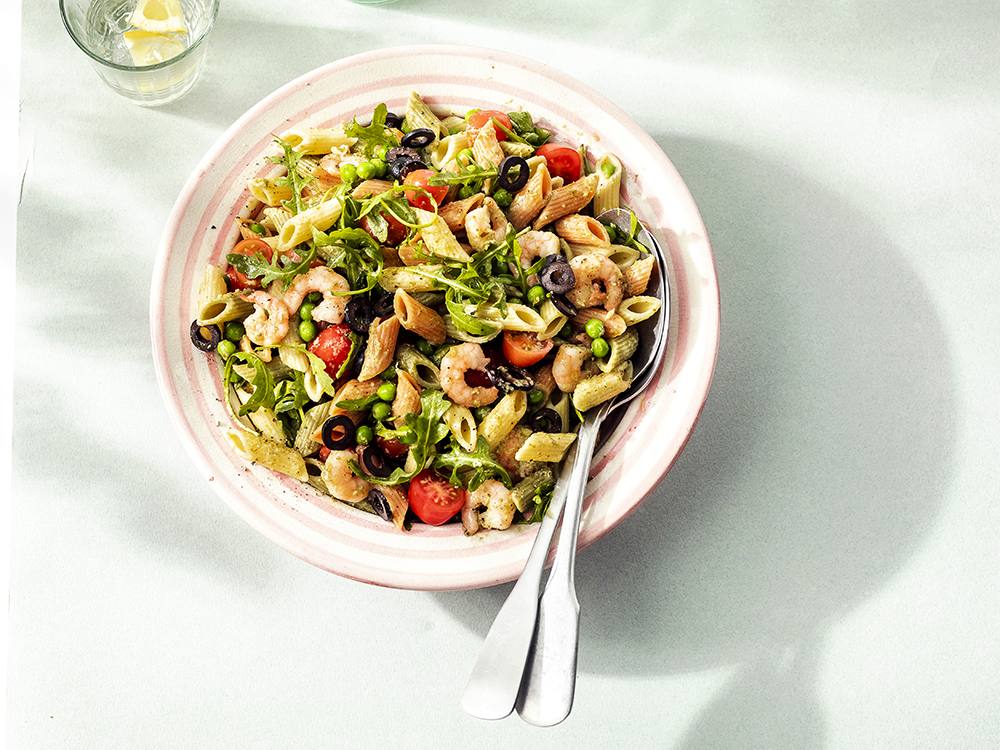 Creamy Pesto Pasta Salad with Shrimp and Peas | Savory