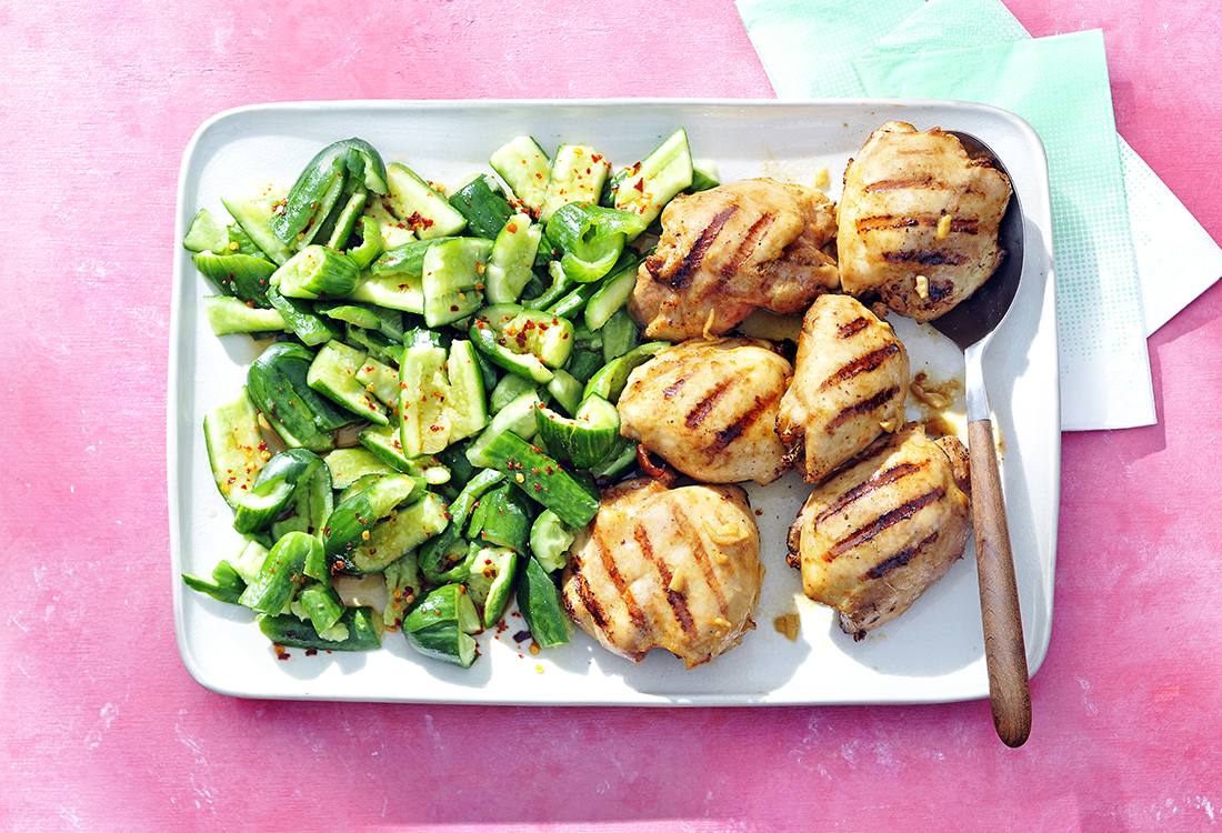 Grilled Ginger Chicken with Smashed Cucumbers | Savory