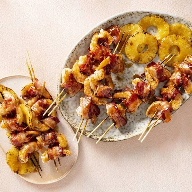 Bacon-Wrapped Shrimp Skewers with Grilled Pineapple | Savory