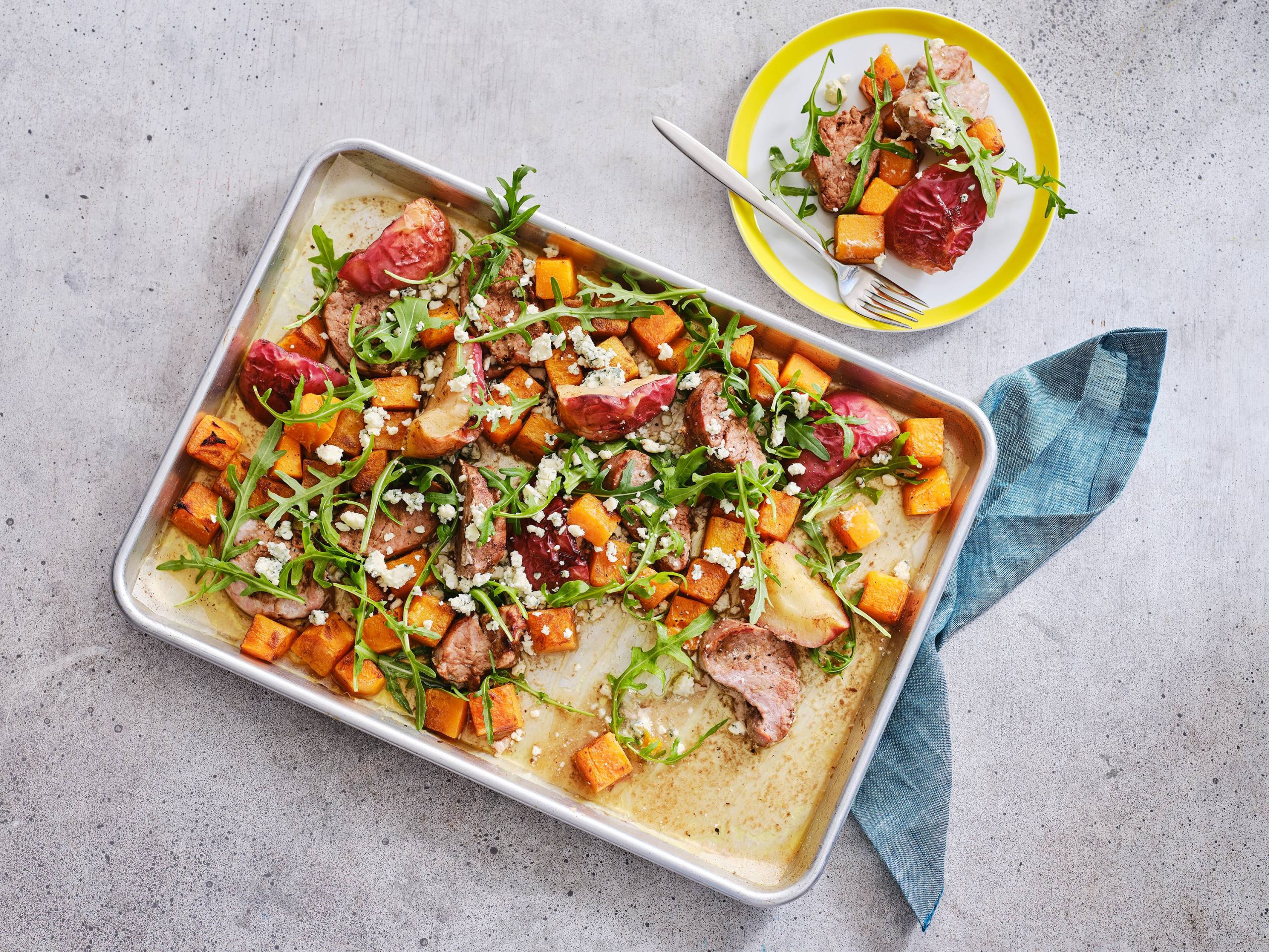 Sheet Pan Pork, Apple, and Arugula Salad | Savory