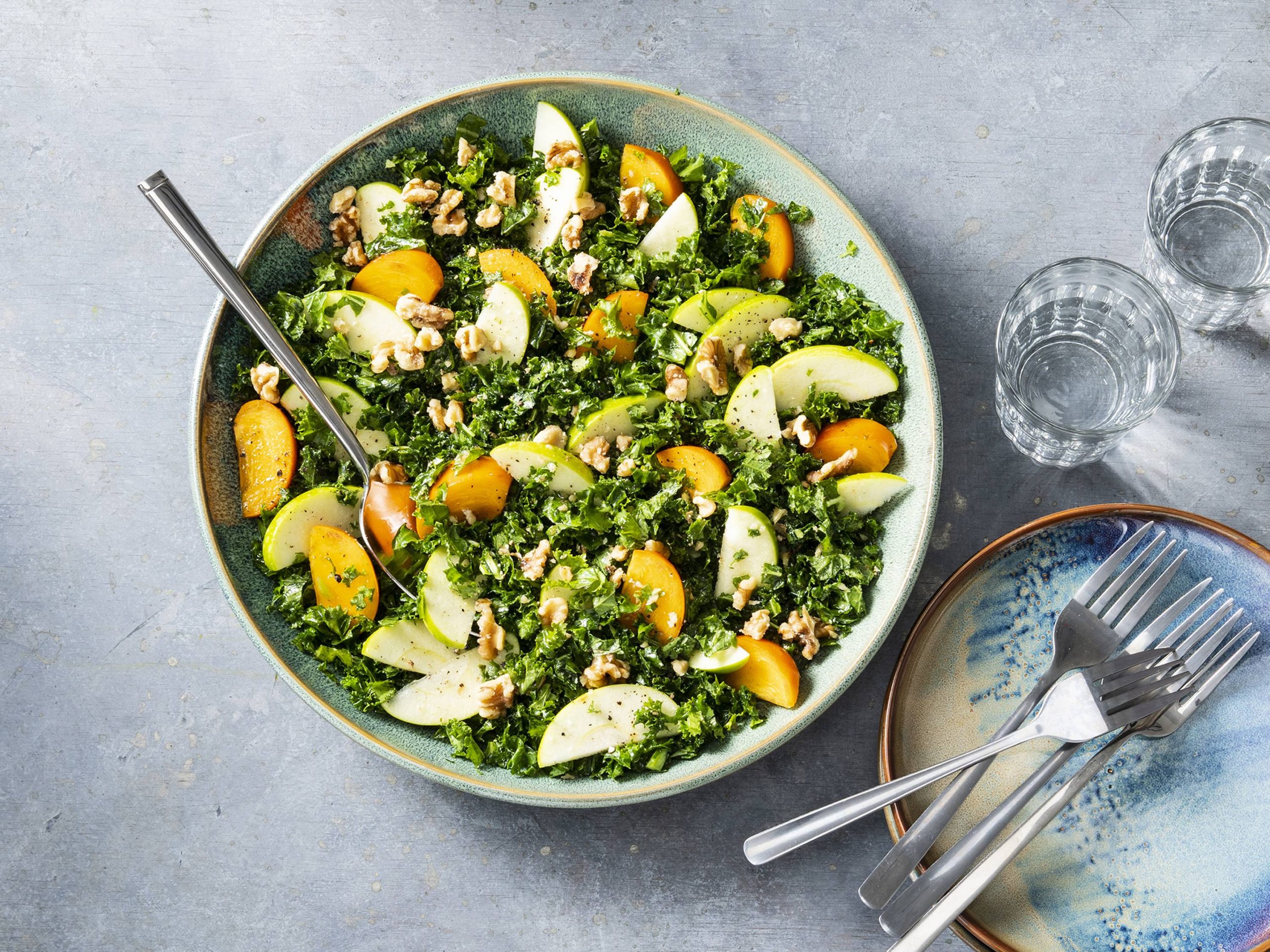 Kale Salad with Sliced Persimmons, Apples, and Walnuts | Savory