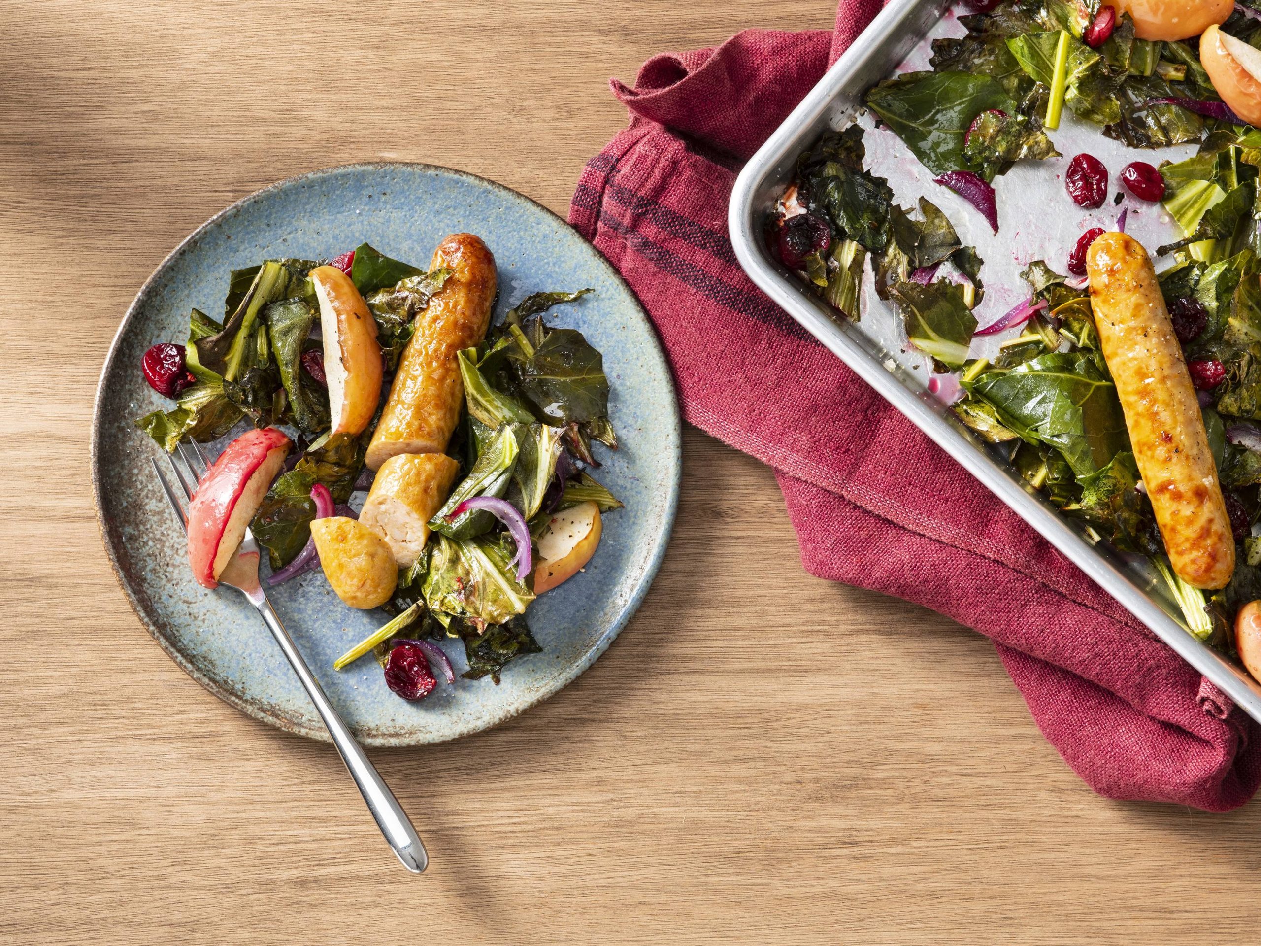 Sheet Pan Sausage with Apples, Cranberries, and Greens | Savory