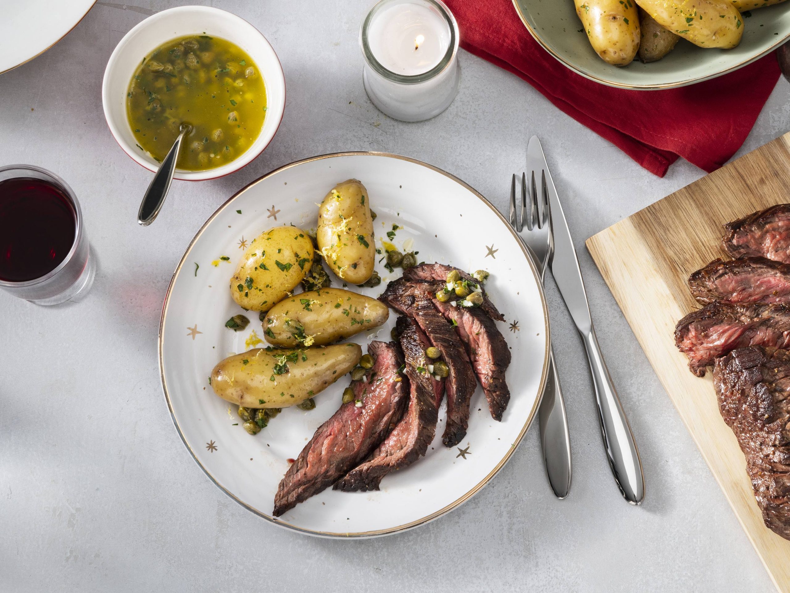 Broiled Steak with Fingerling Potatoes with Lemon-Caper Sauce | Savory