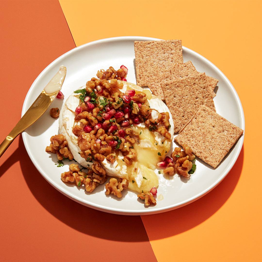 Fisher® Baked Brie with Glazed Walnuts & Pomegranate Seeds | Savory