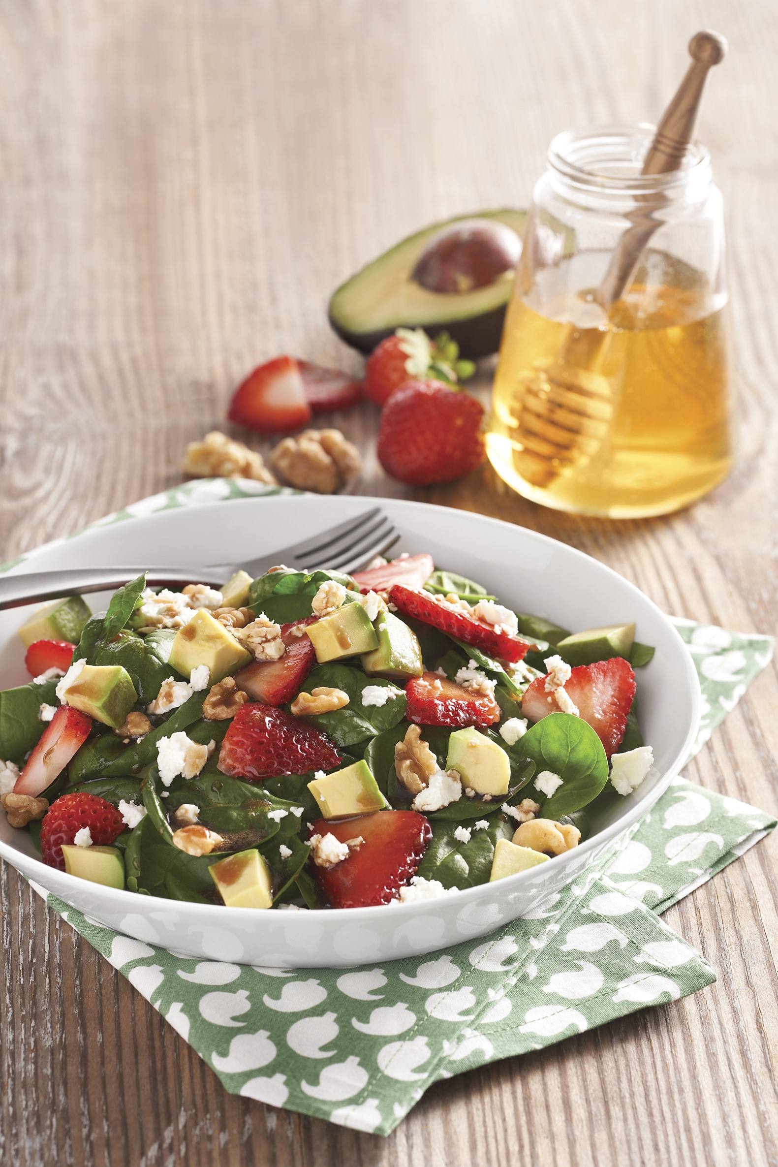 Avocado Strawberry Spinach Salad with Honey Balsamic Dressing Savory
