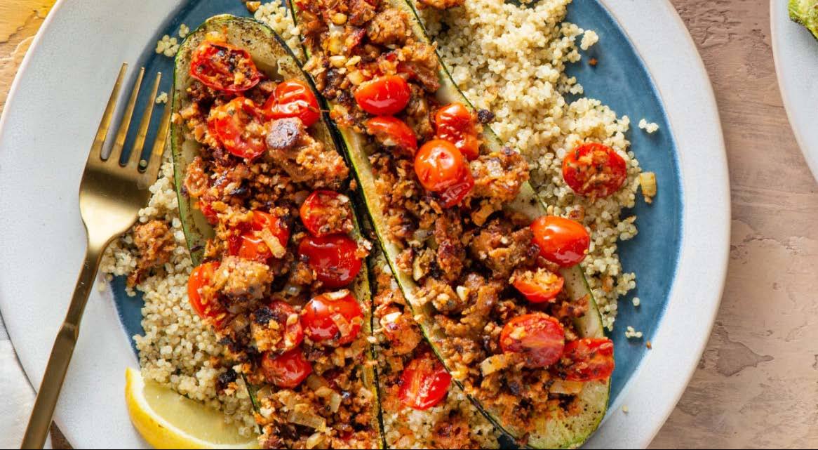 Field Roast™ Stuffed Zucchini with Italian Garlic Fennel Sausage and Lemon Quinoa | Savory