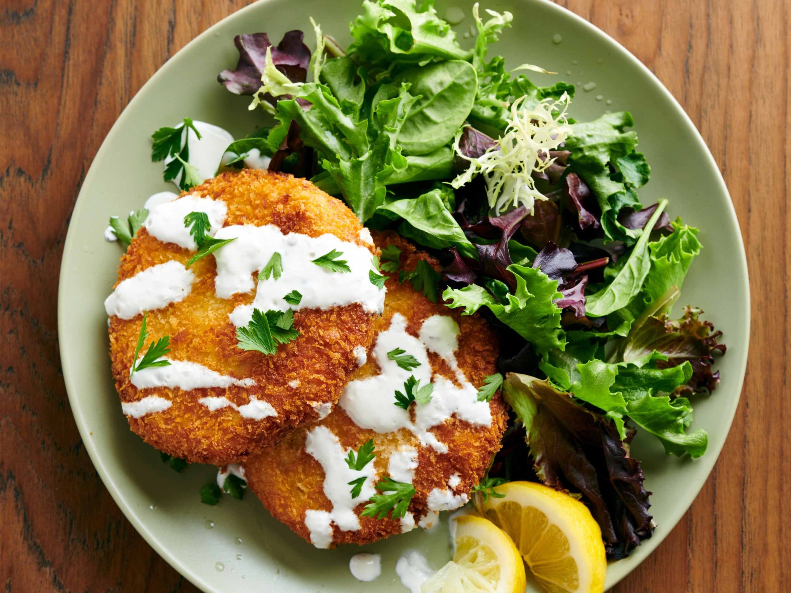 Potato and Salmon Patties with Lemon-Garlic Cream | Savory
