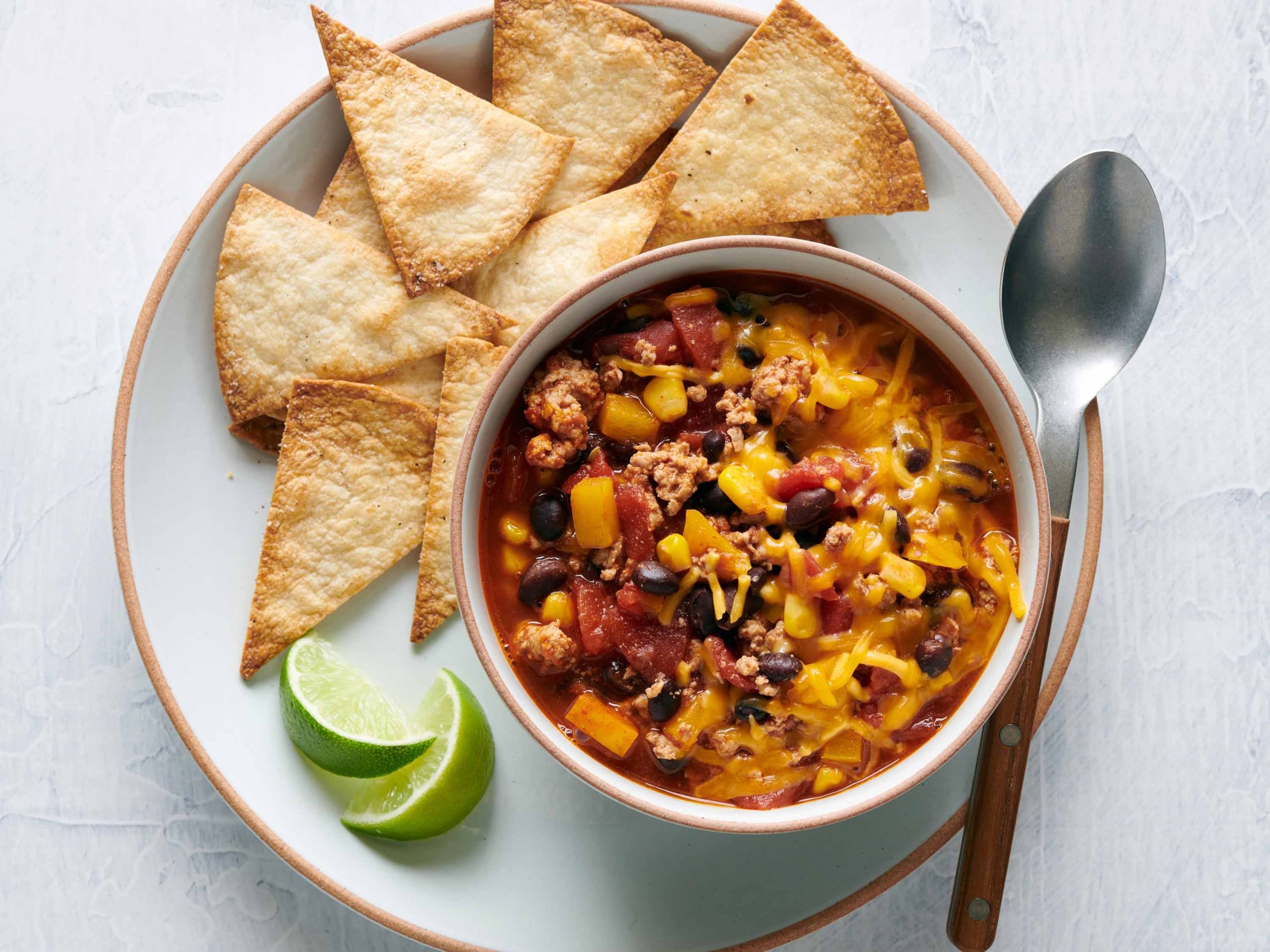 Turkey Black Bean Chili with Baked Tortilla Chips | Savory