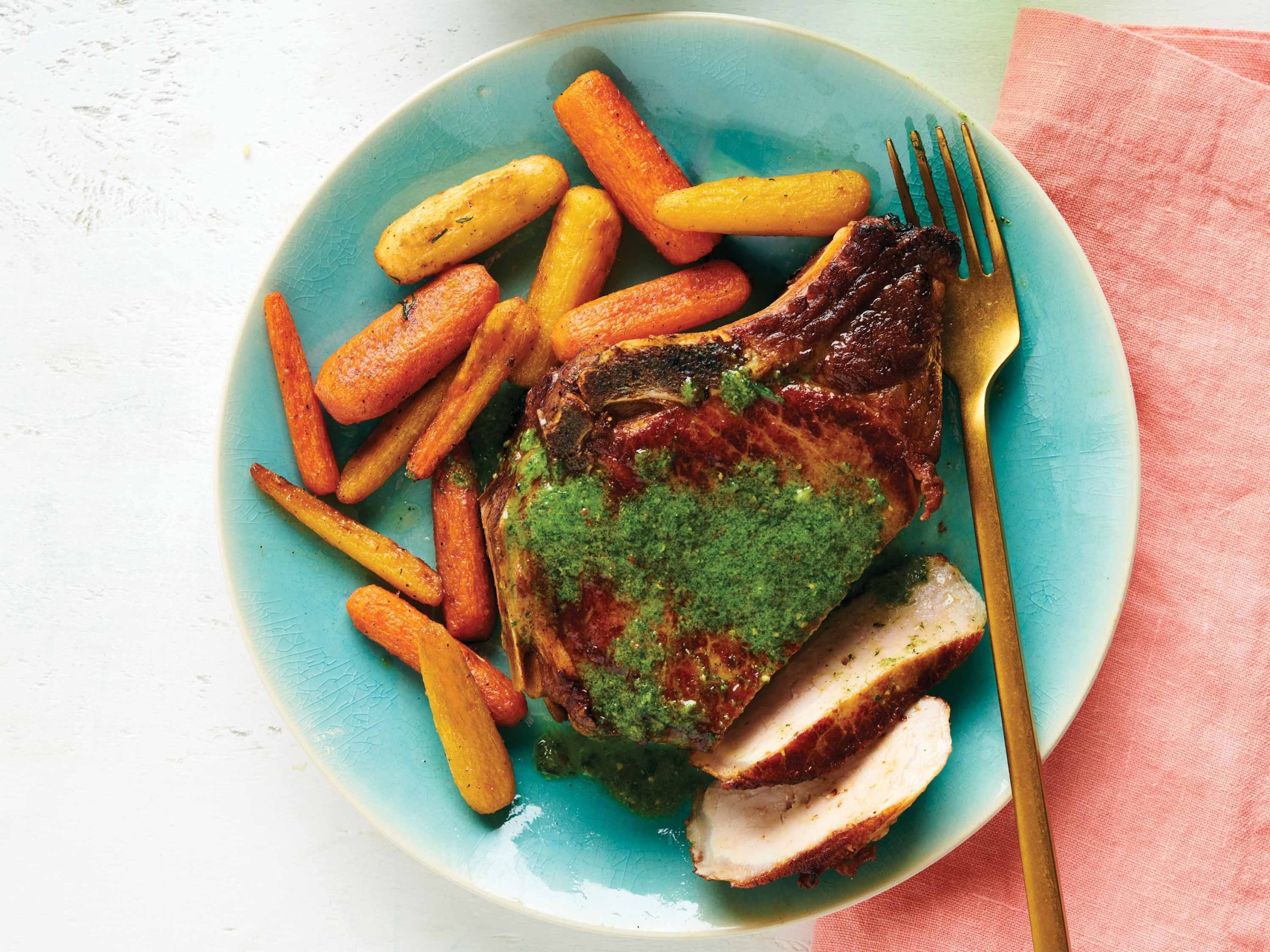 Pork Chops with Tarragon-Mustard Sauce and Roasted Baby Carrots | Savory
