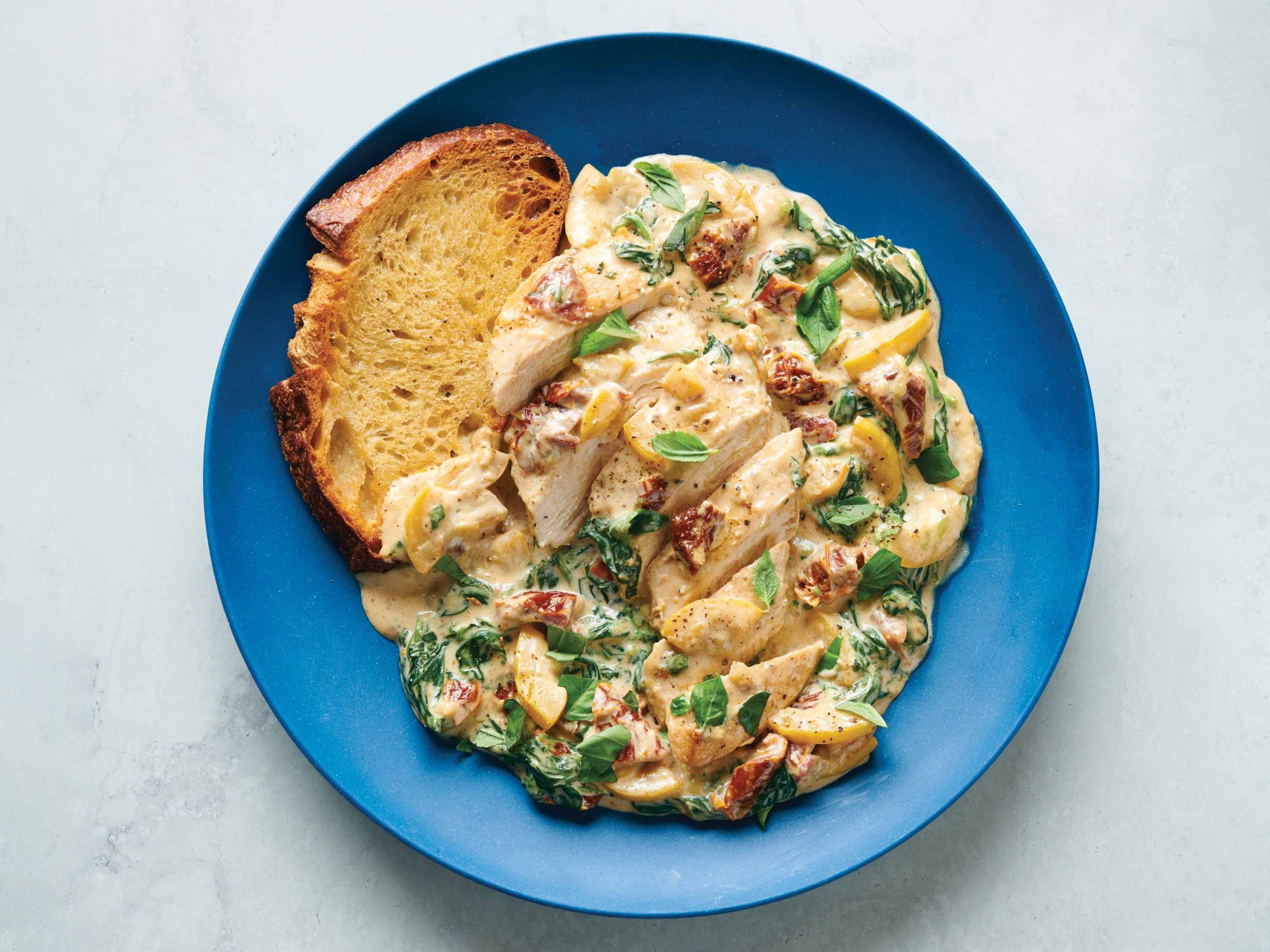 Creamy Sun Dried Tomato Chicken Parmesan with Crusty Bread | Savory