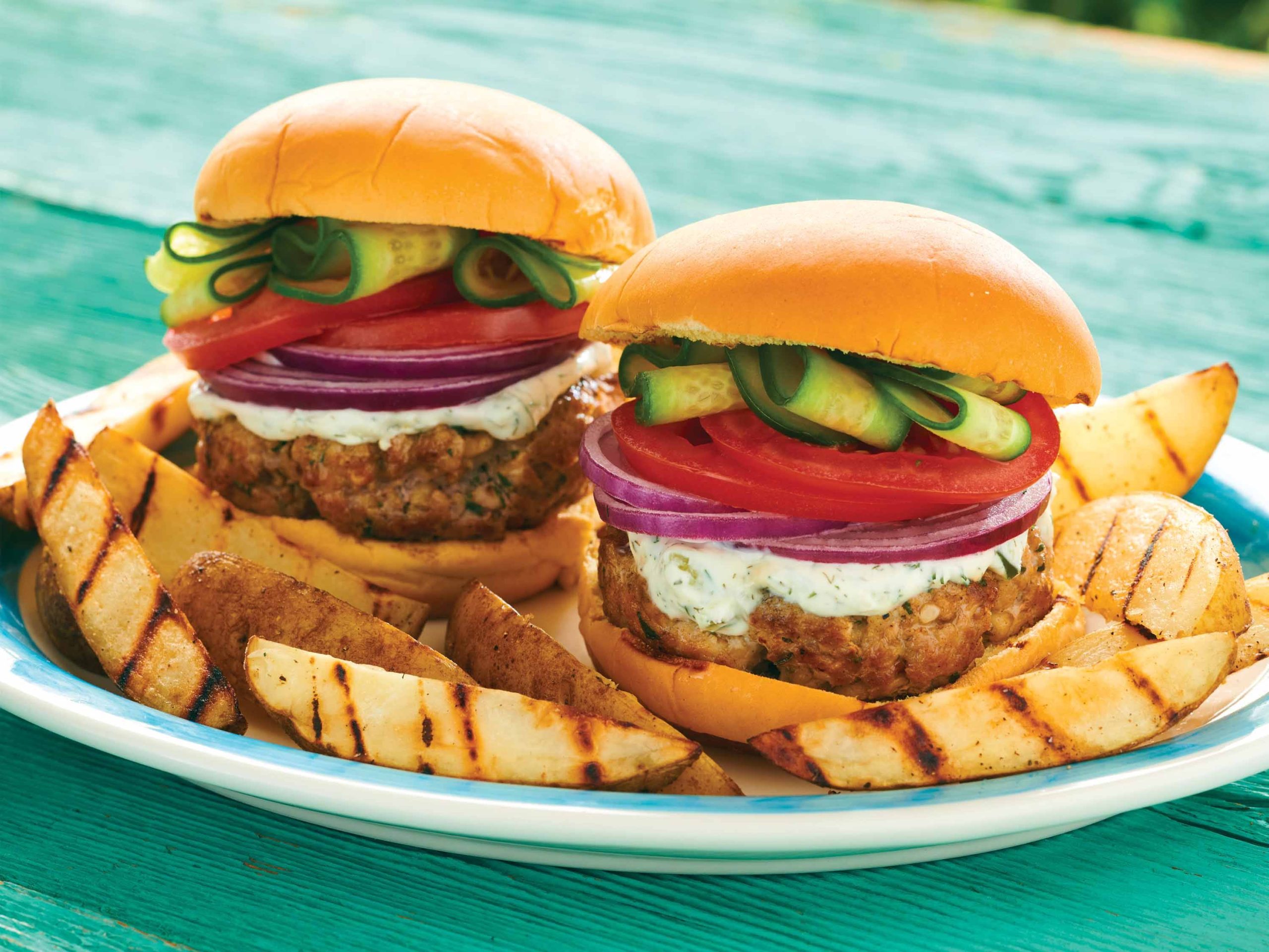 Grilled Pork Burgers with Tzatziki Sauce and Potato Fries | Savory