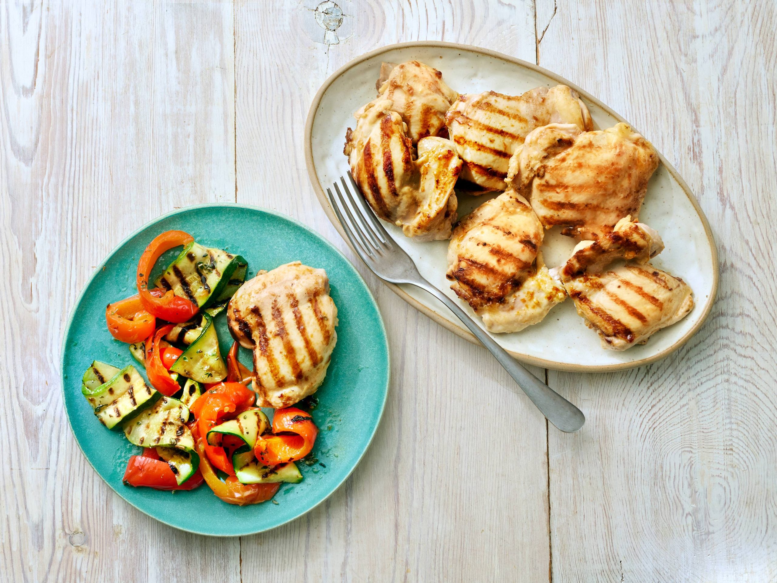 Grilled Pickle-Brined Chicken Thighs with Vegetables | Savory