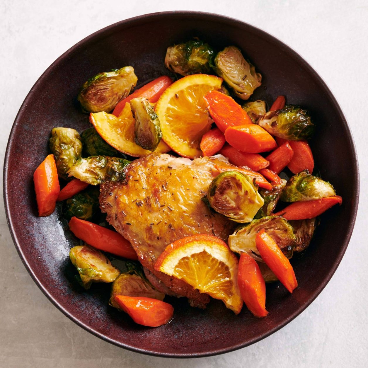 OrangeRosemary Roasted Chicken Thighs with Brussels Sprouts and Carrots Savory