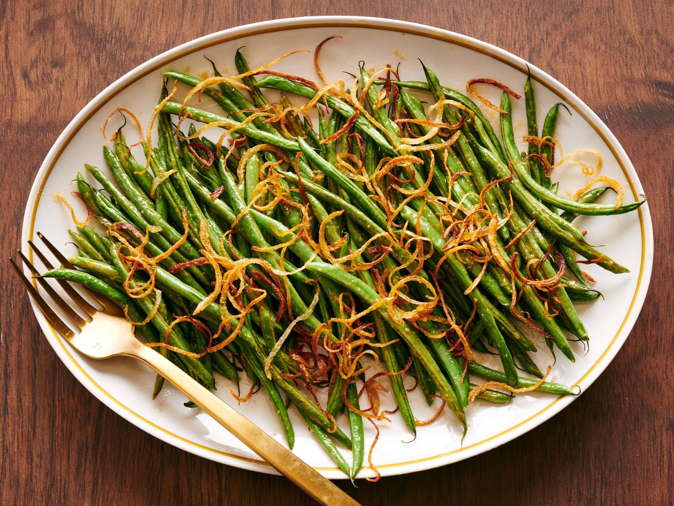 Miso-Glazed Roasted Green Beans with Fried Onions