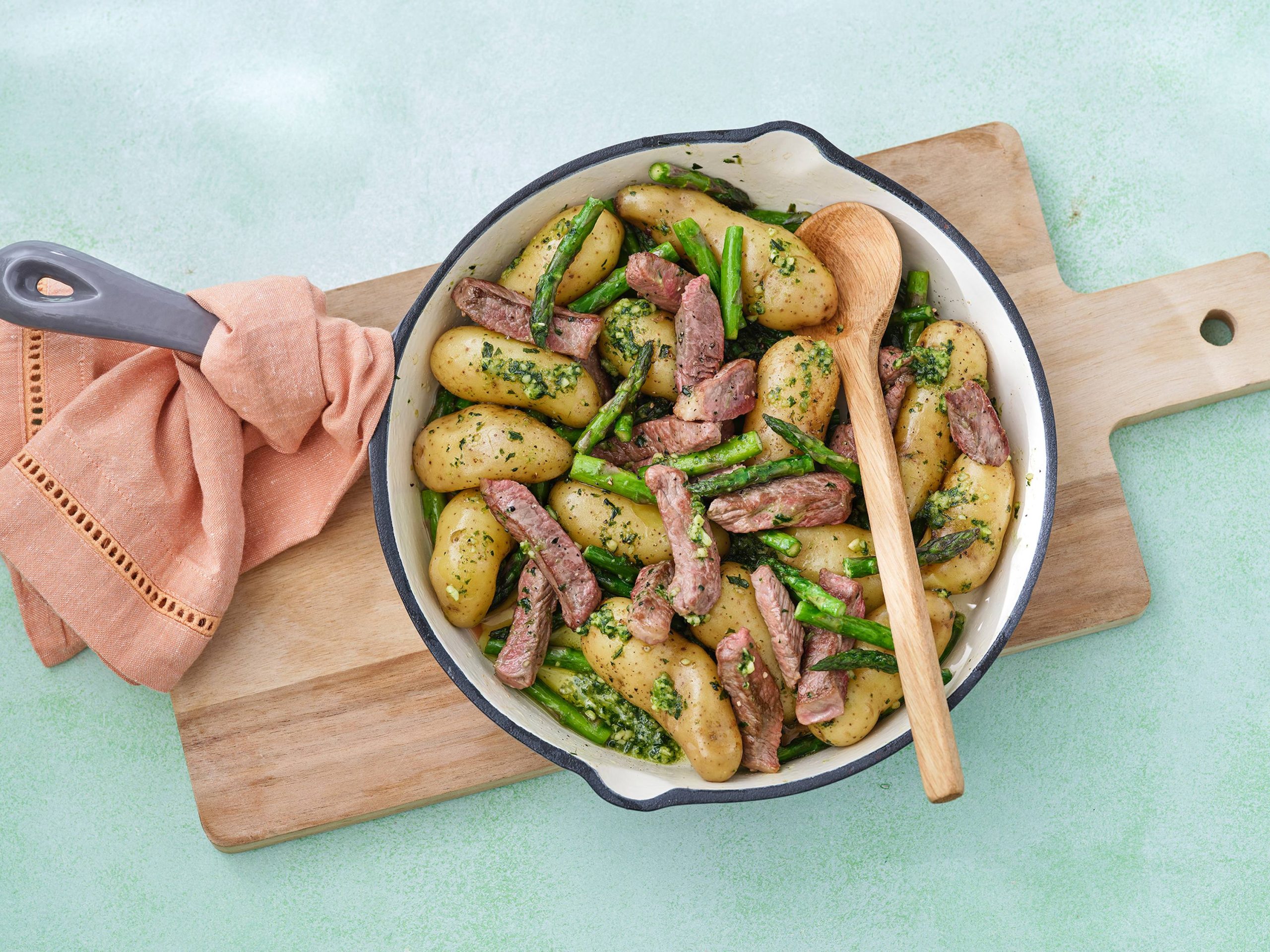 Pesto Steak, Asparagus, and Potato Skillet | Savory