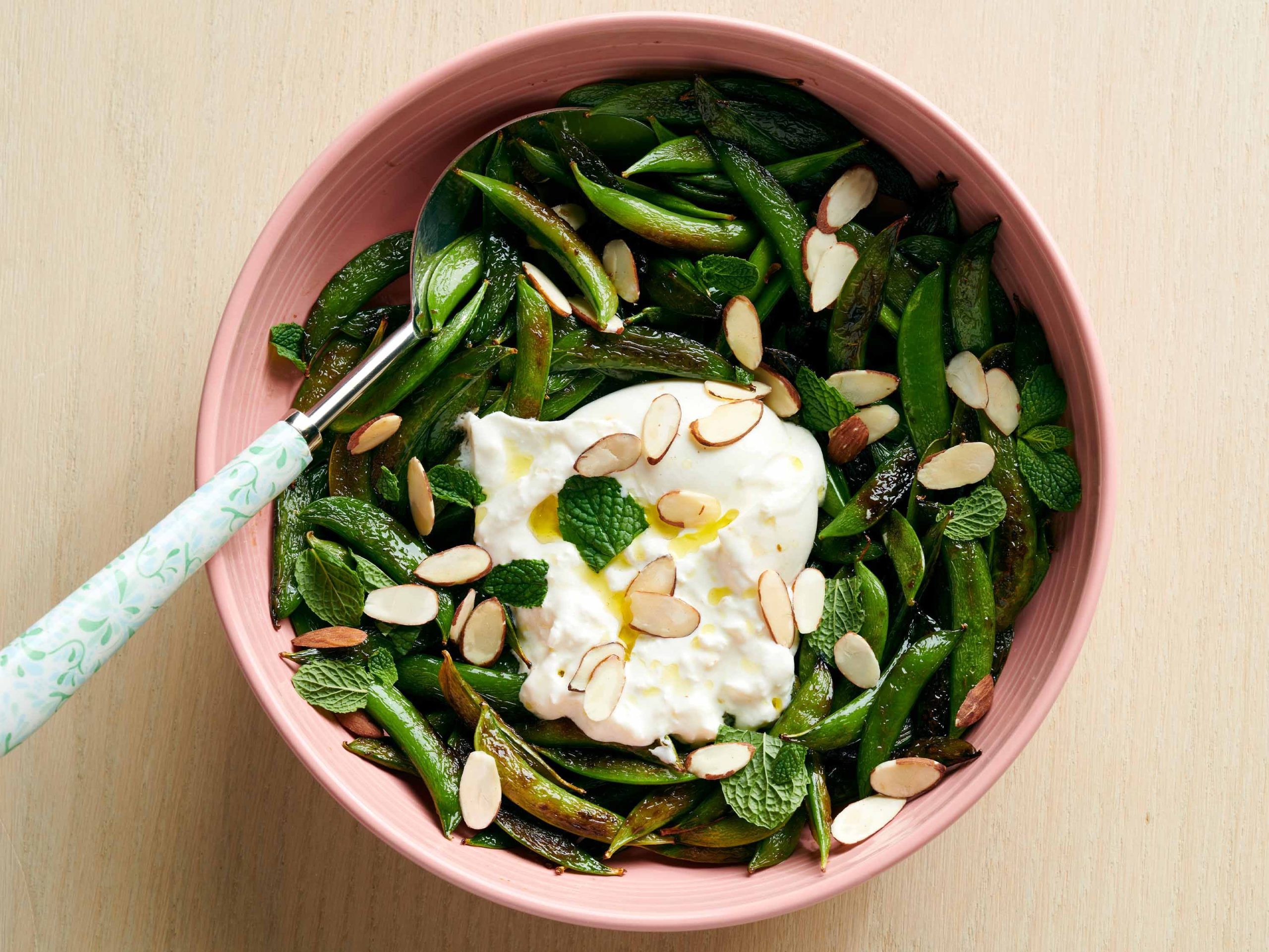 Sauteed Sugar Snap Pea Salad with Burrata and Almonds | Savory