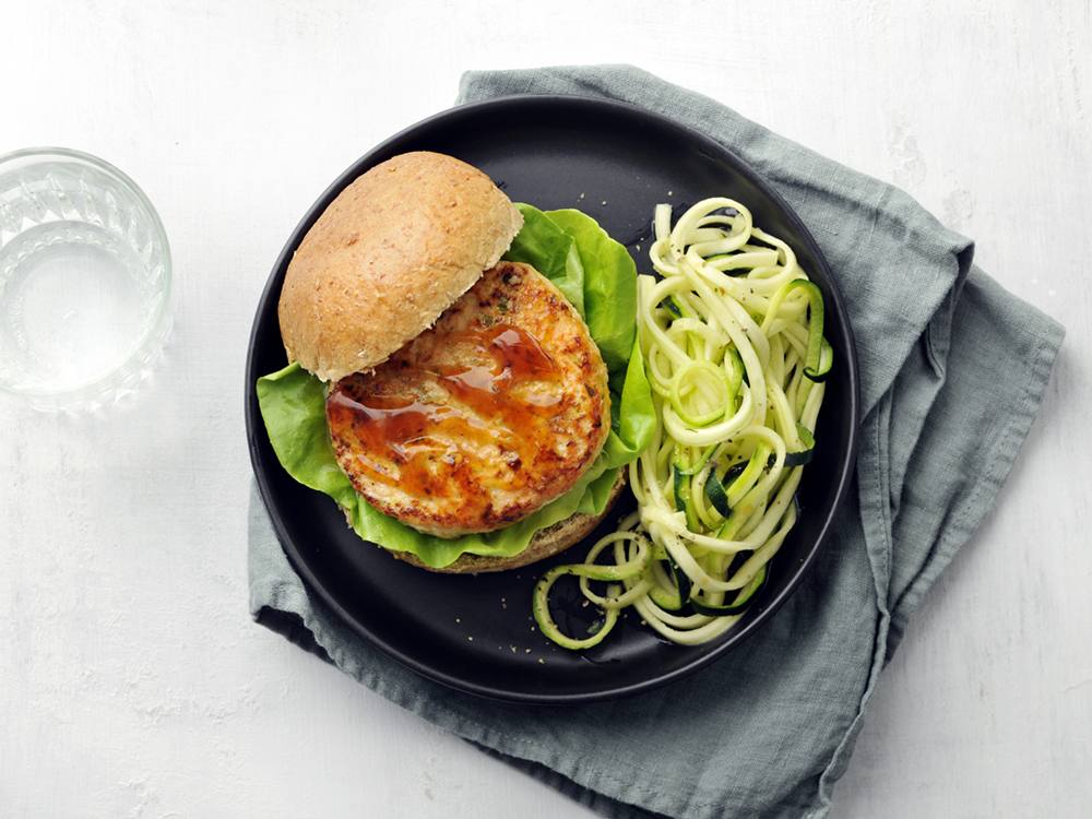 Teriyaki Salmon Burgers with Zoodle Salad | Savory