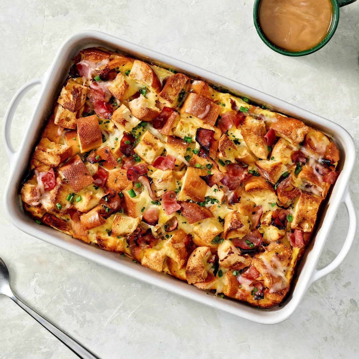 Ham and cheese breakfast casserole in a baking dish