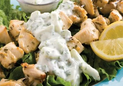 Greek Chicken over Lettuce with Cucumber Dressing