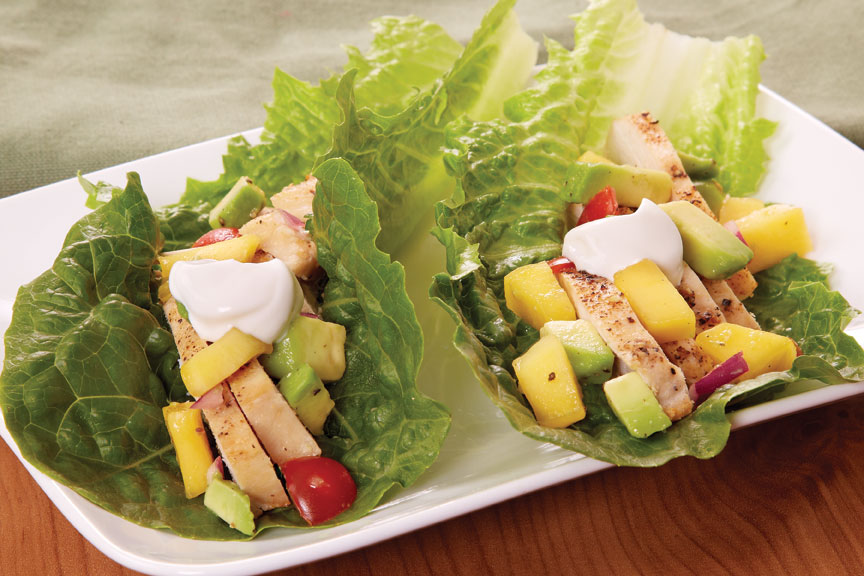 Chicken in Lettuce Wraps with Avocado-Mango Salsa | Savory