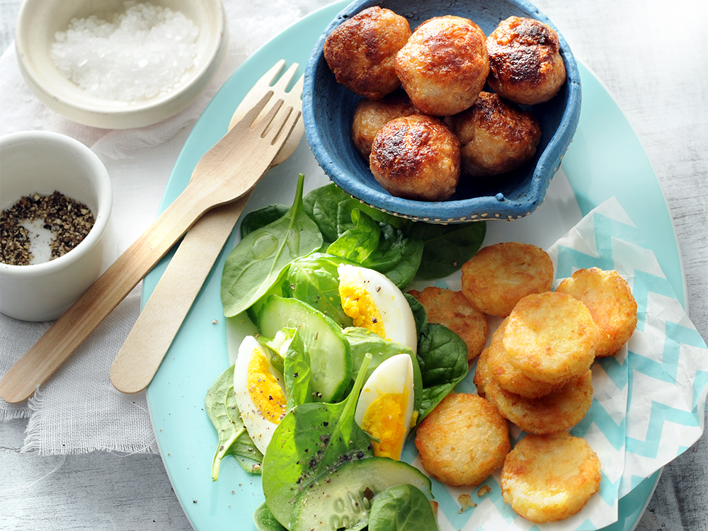Hash Browns with Chicken Meatballs and Spinach Salad | Savory